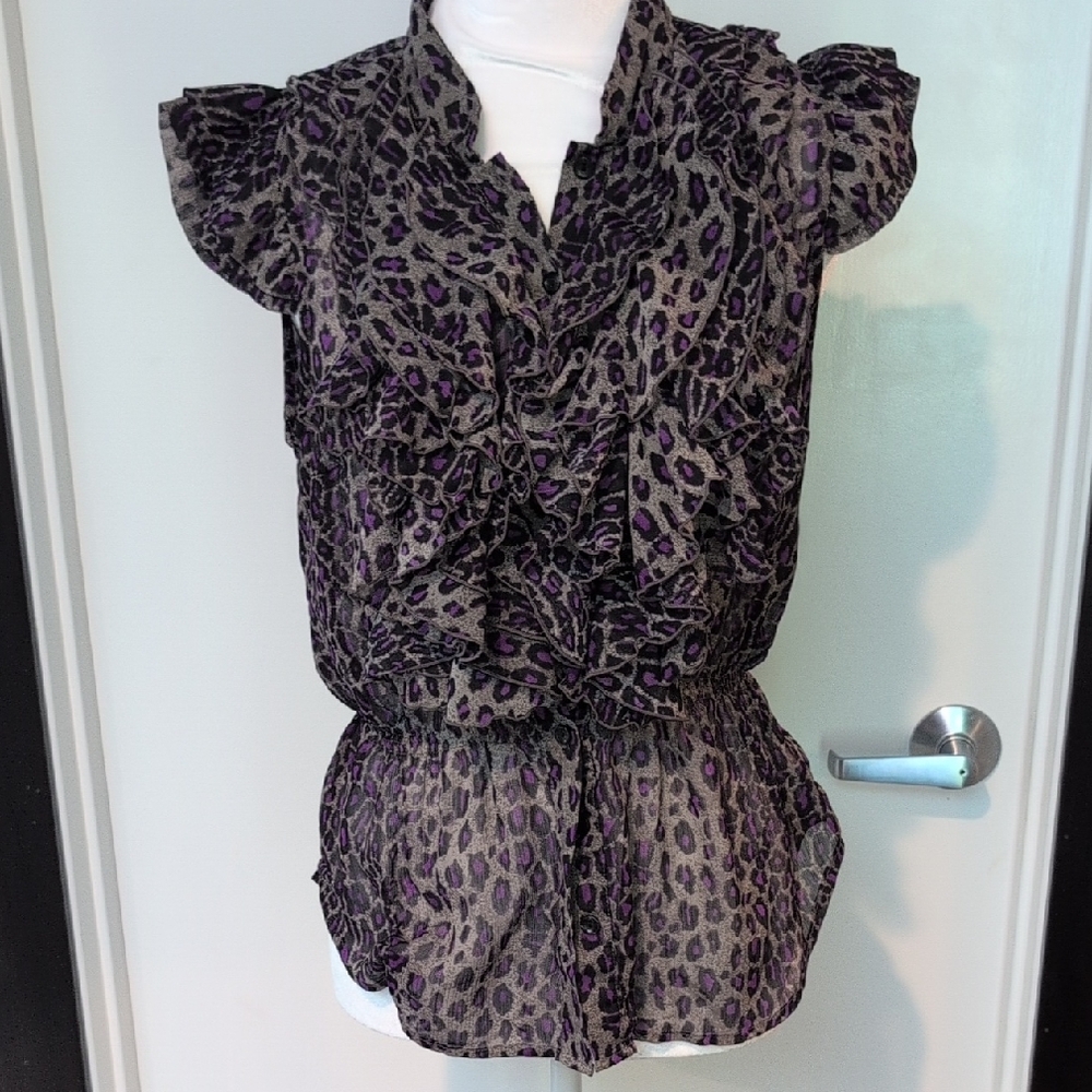 Miley Cyrus & Max Azria Purple Leopard Ruffle Blouse